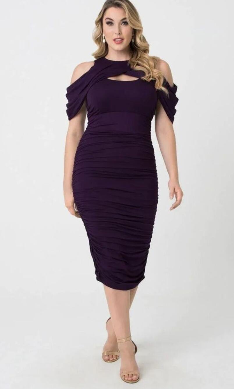 Kiyonna Bianca Style Dress 1X Purple Ruched Bodycon Retro Cocktail Party Lined